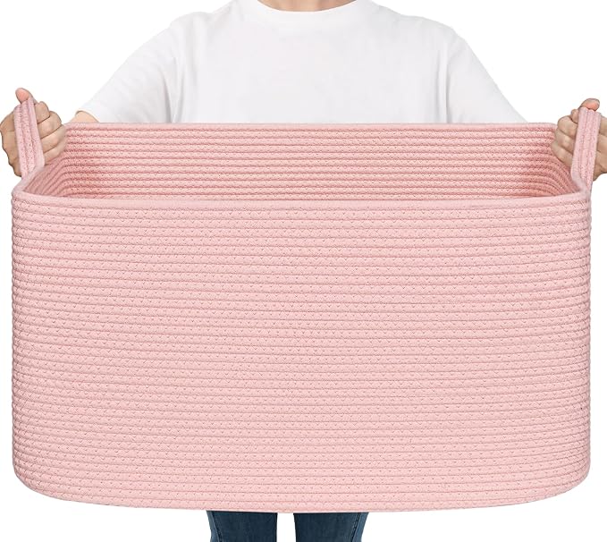 Goodpick Large Woven Rope Blanket Basket, Rectangle, Pink, 75L by Goodpick