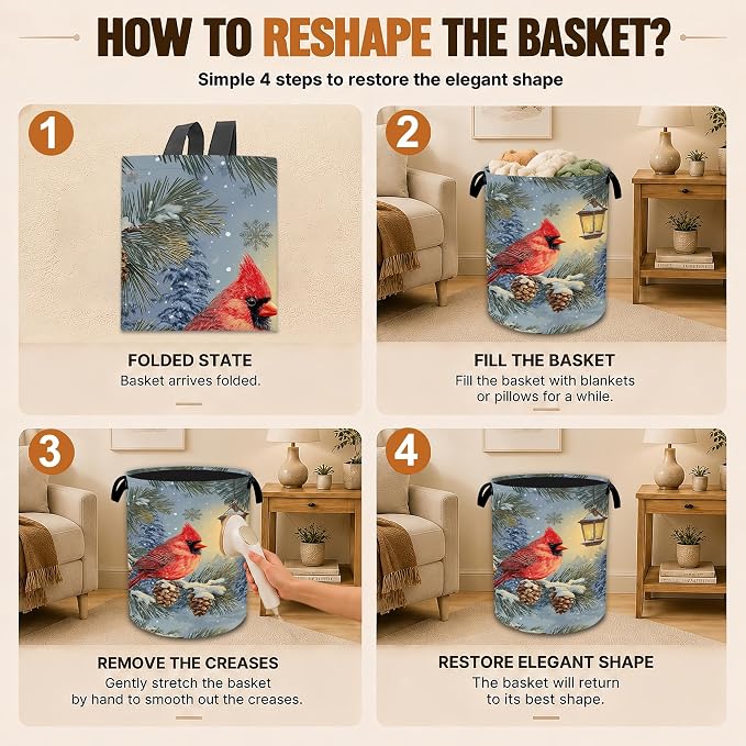 Cardinal Bird Laundry Basket, Oxford Cloth Foldable Hamper with Handles,Winter Pine Tree Portable Clothes Storage Bucket and Laundry Bag for Bathroom Laundry Room Bedroom Dorm - Image 6