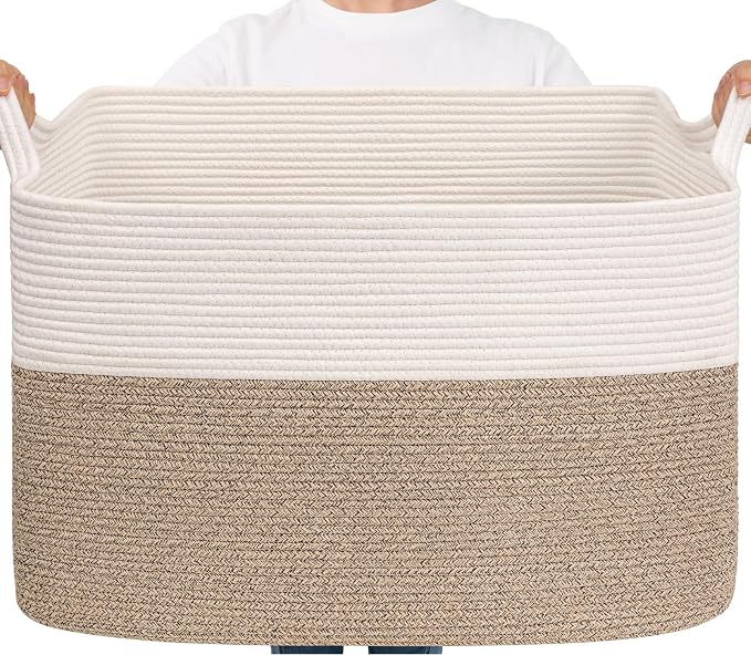 Goodpick 105L Extra Large Woven Rope Blanket Basket, White & Light Brown by Goodpick