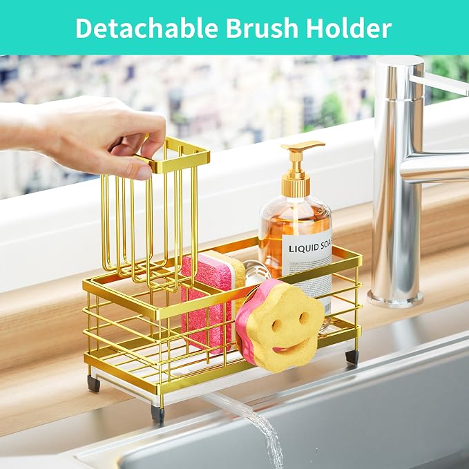 HapiRm Sink Caddy Sponge Holder - Self-draining Kitchen Sink Organizer with Smiley Face and Brush Holder, Stainless Steel Kitchen Organizer for Countertop - Gold - Image 3