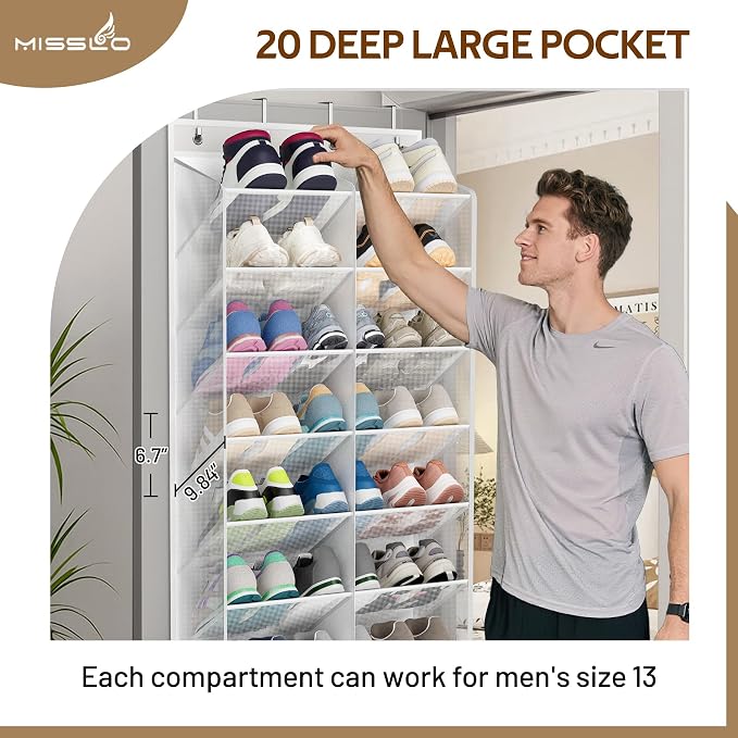 MISSLO 30 Pairs Over the Door Shoe Organizer Breathable Mesh Hanging Shoe Rack for Closet Storage with Wide Deep Pockets 10 Tier Shoes Holder Fit All the Family's Sneakers, Boots, Heels (White, 71") - Image 5