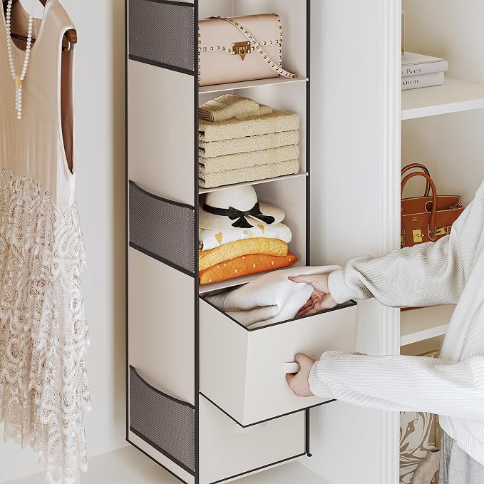 YOUDENOVA Hanging Closet Organizer, Hanging Shelves with Drawers, Beige | Closet Organizers and Storage with 6 side pockets, Foldable Storage for Clothes, Socks, Underwear & More, Breathable Fabric - Image 5