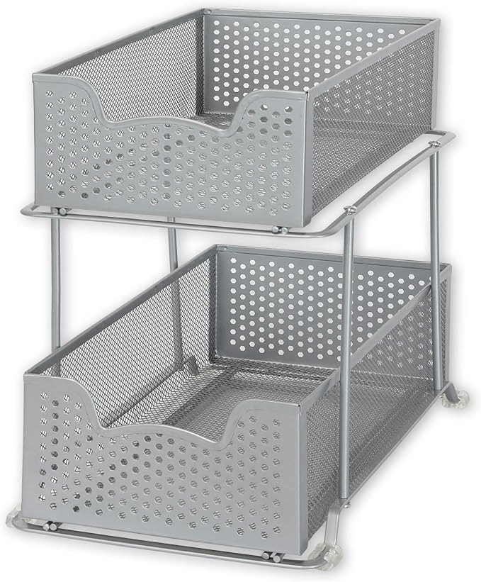 SIMPLE HOUSEWARE 2 Tier Sliding Cabinet Basket Organizer Drawer, Silver - Image 5