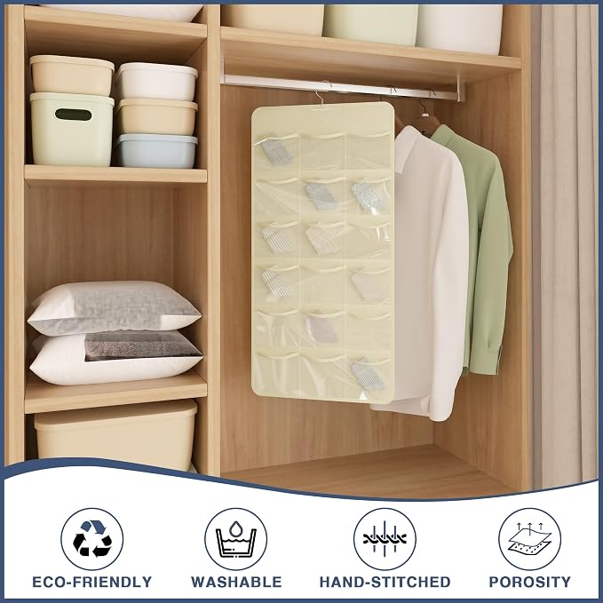 26-Pocket Hanging Closet Organizer for Socks and Underwear, Beige - Image 2