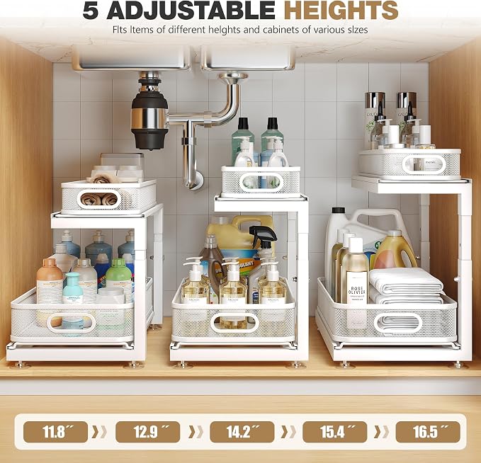 2-Pack Under Sink Storage Organizer with 2-Tier Slide Out Drawer, Sophisticated Mesh Pull Out Shelf for Kitchen & Bathroom, Fits Small Items, Upgraded Arched Track for Smooth Gliding(Patented) - Image 9