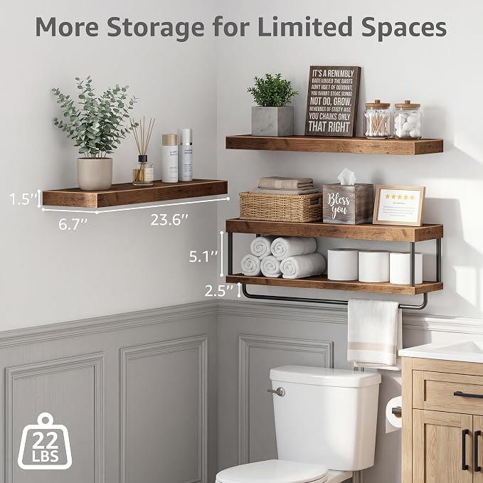 QEEIG Bathroom Floating Shelves Over Toilet - Wall Mounted Shelf Toilet Paper Storage Farmhouse 24 inch Long Set of 3, Rustic Brown (027-60BN3) - Image 3