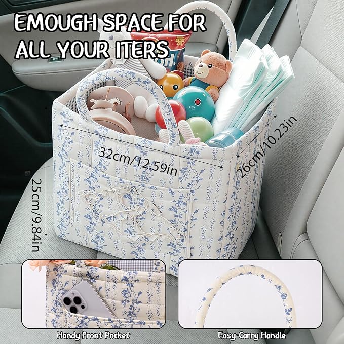 Quilted Fabric Car Storage Basket with Handles & Pocket, Foldable Laundry Hamper Boho Floral Print Organizer Bin for Home, Picnic, Office Nursery Cloth Toy 12"x10"x10" (Style E) - Image 2
