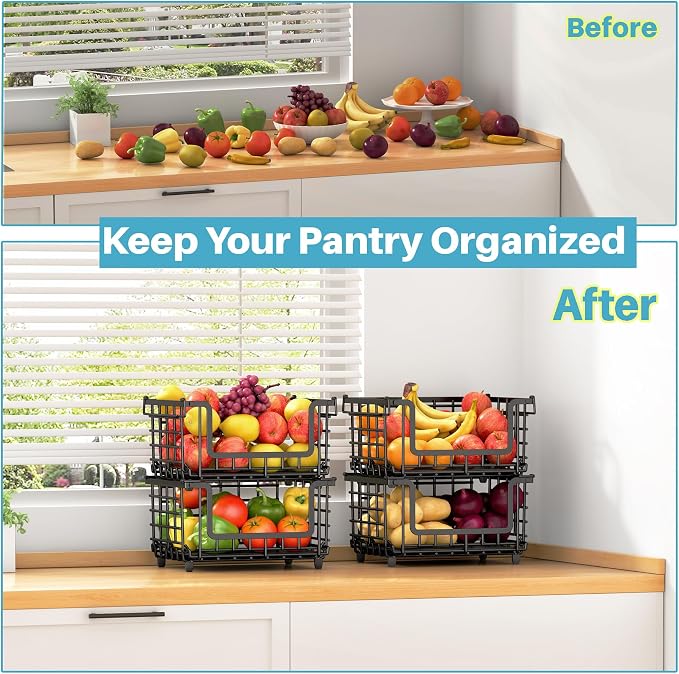 1 Pack Stackable Metal Wire Vegetable Fruit Basket for Kitchen Counter Cabinet, Pantry Organizers and Storage Basket, Food Can Snack Onion Potato Bread Storage Shelf Freezer Organizer Bins Black - Image 3