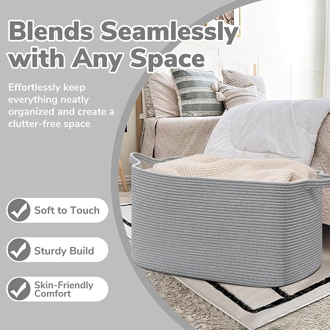 Goodpick Large Woven Rope Blanket Basket, Rectangle, Gray, 75L - Image 5