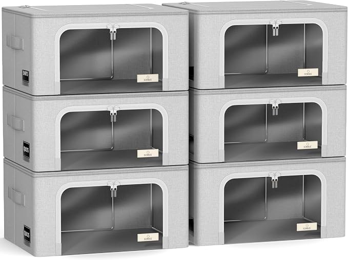 Sorbus Clothes Storage Bins, Clear Window & Handles (6 Pack, Gray) | Large foldable stackable boxes have easy-carry grips for bedding and linens in closets, bedrooms and laundry rooms. - Image 7