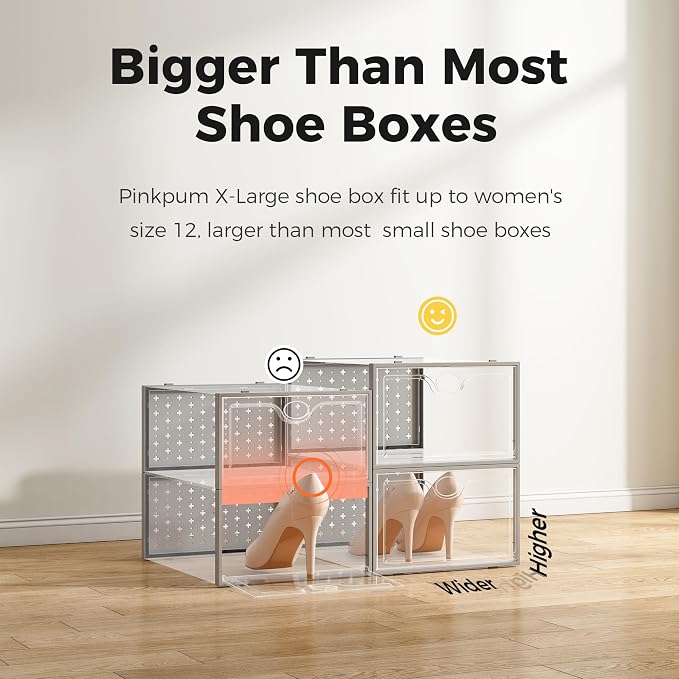 Pinkpum 18 Pack X-Large Shoe Storage Boxes Grey Shoe Organizer | Clear Plastic Stackable, Fit US Size 11, 6.2” Height, Shoe Dispaly Case Holder Bins Sneaker Storage for Sneakerheads - Image 3