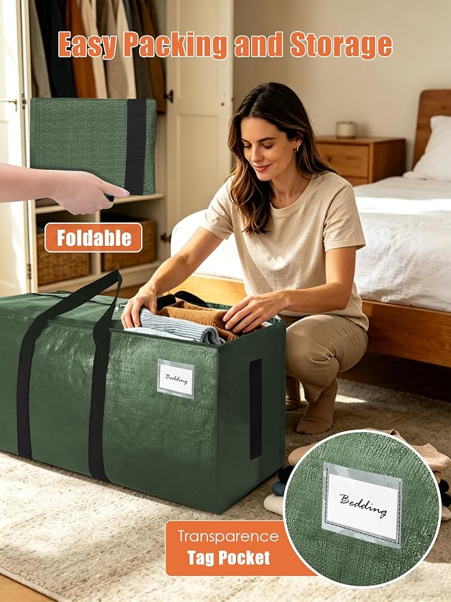 SWEET DOLPHIN 8 Pack 200LB Heavy-Duty Moving Bags with Wrap-Around Handles, Extra Large Storage Totes for Space Saving, Clothes Storage Bags, College Dorm Essentials, Green, 24 Gal - Image 3