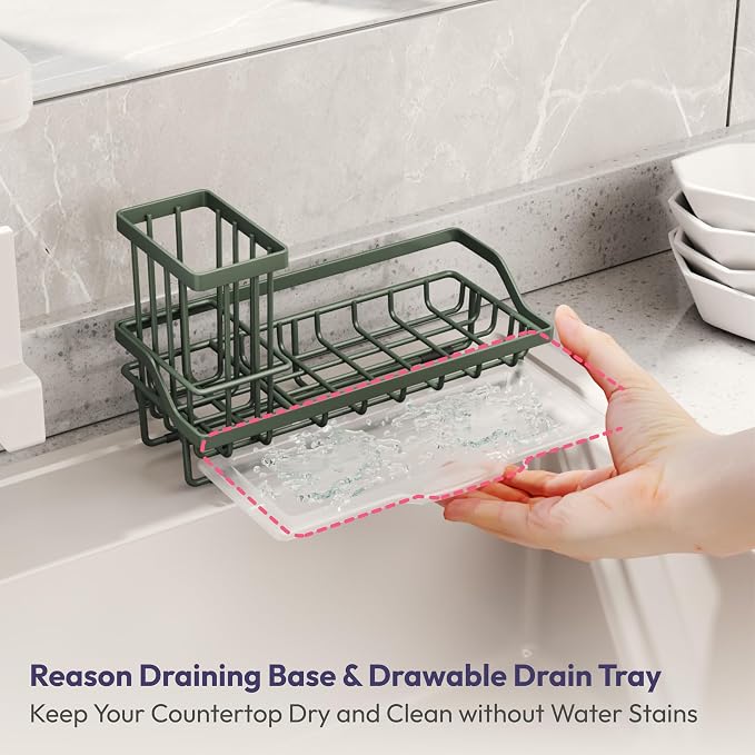 SWTYMIKI Sink Caddy Sponge Holder - Kitchen Sink Organizer with High Brush Holder for Countertop to Hold Dish Soaps and Sponges, Stainless Steel, Green - Image 4