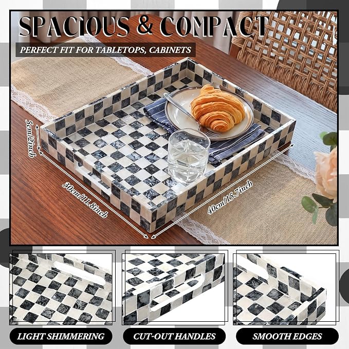 Reallnaive Mother of Pearl Lazy Susan for Table Turntable Organizer Marble Patterned Lazy Susan Wood Spinning Tray Rotating for Kitchen Cabinet Spice Pantry 12 Inch(Square,Black White Checkerboard) - Image 3