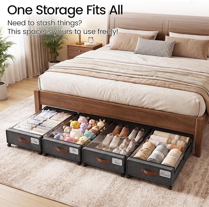 Yecaye 60 L Under Bed Storage with Wheels, 2 Pack Under Bed Storage Containers with Clear Window & Label, Rolling Under bed Shoe Storage organizer for Clothes, Shoes, Hemp Grey - Image 7