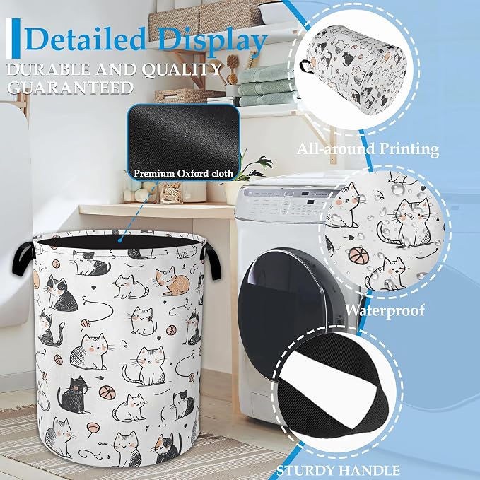 Cartoon Cat Laundry Basket Collapsible Laundry Hamper Oxford Storage Bin for Clothes Storage, Organizer, Books and Sundries 16" X 20.8" - Image 3