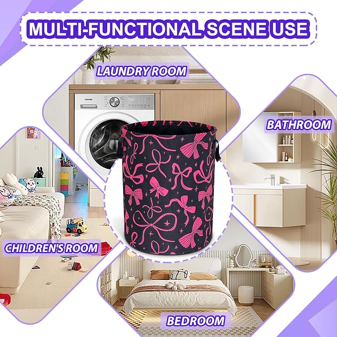 Pink Bowknot Laundry Basket Foldable Oxford Cloth Bow Hamper 18.9 x 16.5 In - Image 4
