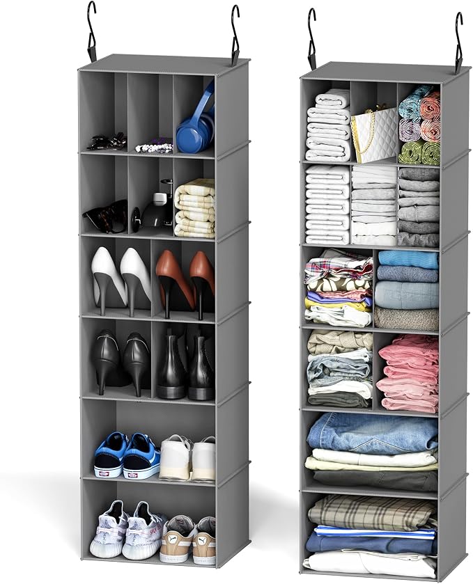 SpaceAid 2 Pack Hanging Closet Organizer and Storage with Dividers, 24 Compartments Hanging Shoe Shelves for Closet, Wardrobe, RV, Garment Rack - Grey by SpaceAid