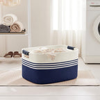 72L Large Woven Laundry Basket Hamper with Leather Handles,Navy - Image 3