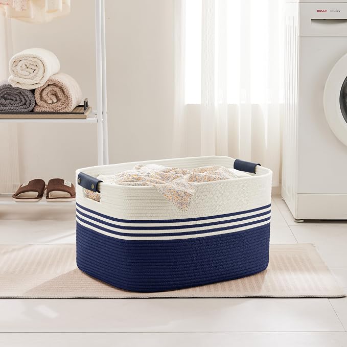 72L Large Woven Laundry Basket Hamper with Leather Handles,Navy - Image 3