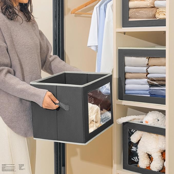Homsorout Stackable Storage Bins with Lids - Large Decorative Basket with Lids, Fabric Foldable Closet Organizer Bins, Shelf Organizer for Living Room, Dorm, 5 Pack, Dark Grey - Image 4