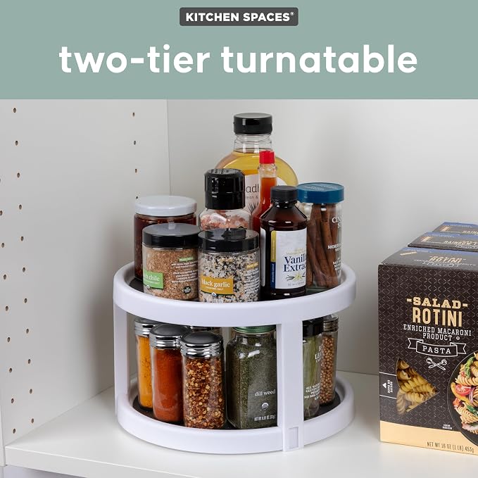 Kitchen Spaces Two-Tier Lazy Susan Organizer, Cabinet Turntable Shelf Storage for Kitchen and Pantry Items, Great for Spices or Condiments, Non-Skid, Sturdy with Full Spin, White - Image 2