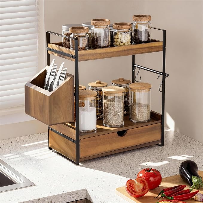 2-Tier Bathroom Counter Organizer, Acacia Wood Vanity Shelf with Drawer - Image 5