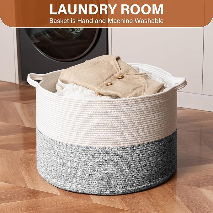 Foldable Laundry Hamper Basket with Collapsible Handle Cotton Rope Soft Woven Fabric Storage Organizer Clothes Toys Nursery Bedroom Dorm Space Saving Bin (White & Light Grey, 115L(23.6"D x 15.7"H)) - Image 2