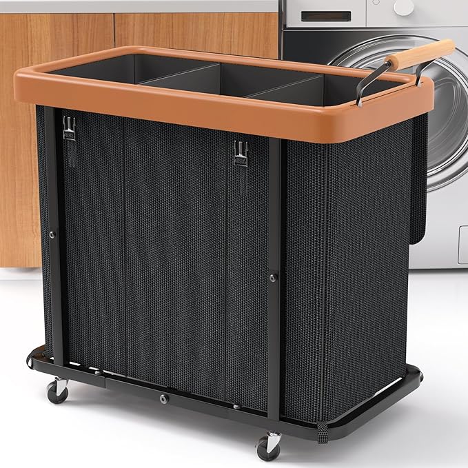 Laundry Hamper 3 Section with Lid,230L Rolling Dirty Clothes Hamper Black by Unlockyourhomestoragelife