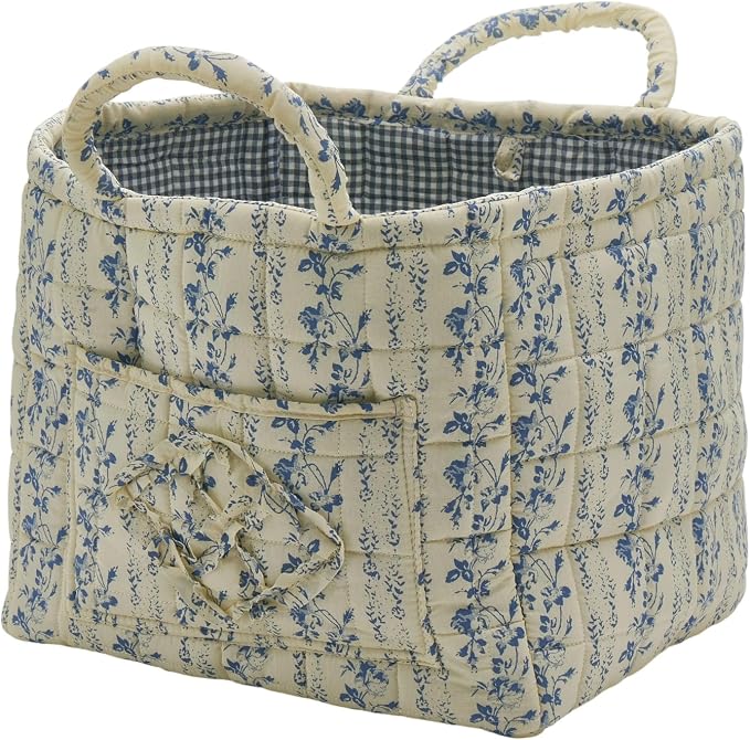Quilted Fabric Storage Basket with Handles & Pocket, Foldable Laundry Hamper Boho Floral Print Organizer Bin for Home, Picnic, Office 12"x10"x10" (B-5) by Unknown