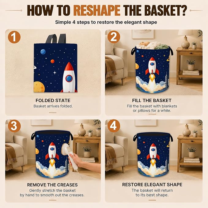 Cartoon Rocket Laundry Basket for Kids Room,Space Planets Foldable Oxford Hamper with Handles, Portable Clothes and Toy Storage Bucket Organizer for Bedroom Bathroom Dorm Laundry Room Decor - Image 6