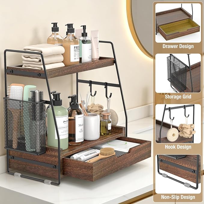 2-Tier Bathroom Counter Organizer with Drawer, Wood Counter Storage Shelf - Image 3