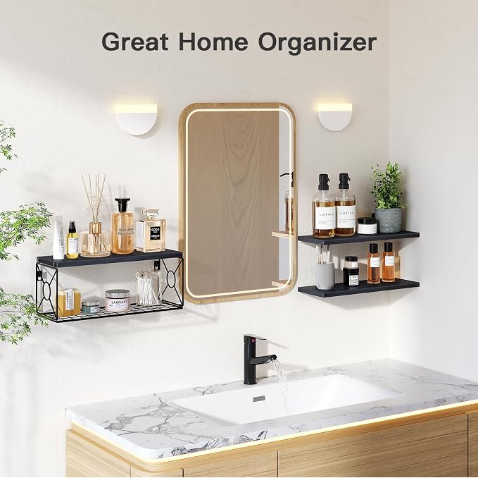 Amada Bathroom Shelves with Storage Basket, Set of 3, Black - Image 4