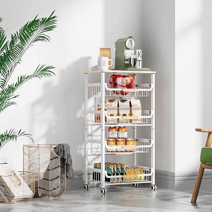 NiuYichee 5-Layer Fruit Basket Kitchen Food Organizer and Rack, Stackable Storage Cart with Desktop, Pull-Out Hollow Metal Basket, Wheeled Sorting Rack Spice Rack, Black - Image 5