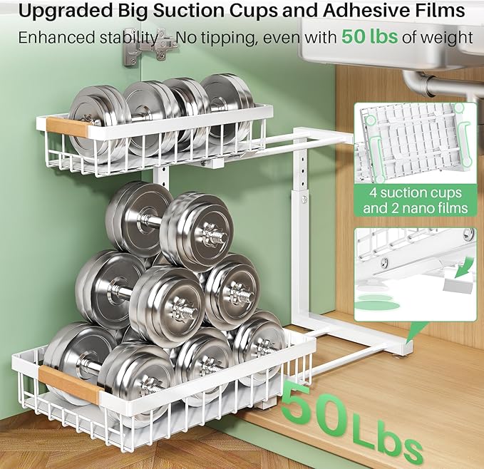 Kitstorack Under Sink Organizer, 2 Tier Under the Sink Storage, Slide out Pull out Cabinet Organizer Shelf, Metal Sliding Drawer for Kitchen Bathroom Pantry Closet Organization Rack, White, 2 Pack - Image 4