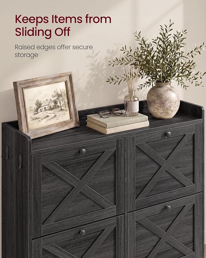 VASAGLE Narrow Shoe Storage Cabinet Organizer with 4 Flip Drawers | Freestanding Shoe Rack, Fits 16 to 24 Pairs, for Entryway, Farmhouse Style, Smoky Black, HANIS Collection UHSC403BJ01S - Image 6
