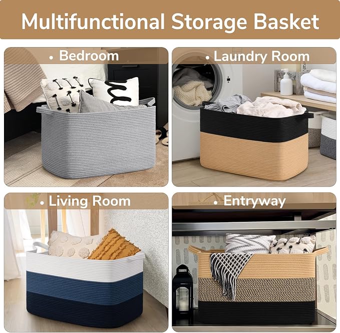 Goodpick 85L Large Woven Rope Blanket Basket, Rectangle, Black & Camel - Image 4