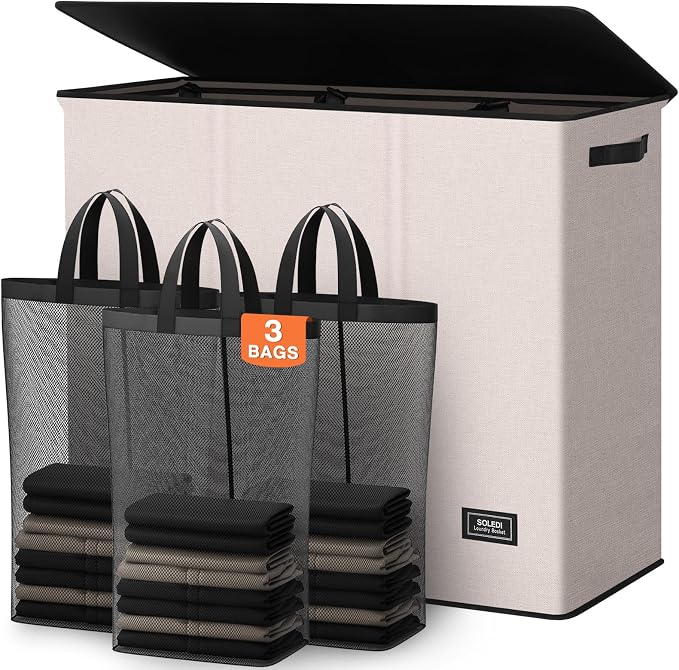 SOLEDI Large Laundry hamper 3 Section with Laundry Bag, XL Clothes Basket by SOLEDI