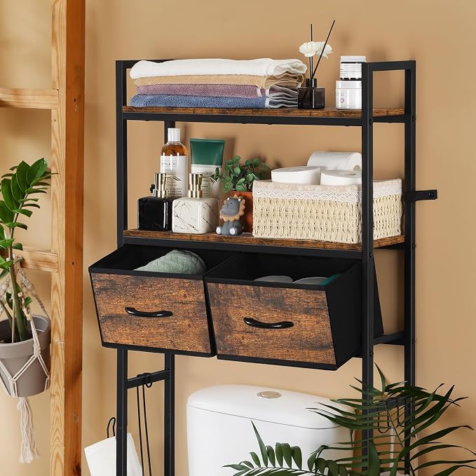 YBING Over The Toilet Bathroom Storage Cabinet for Freestanding, Above Toilet Shelf with Fabric Drawer, Tall Bathroom Shelf Organizer with Toilet Paper Holder, Brown - Image 4