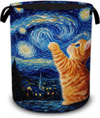 Starry Night Laundry Basket,Cute Cat Large Collapsible Portable Round Laundry Hamper with Handles,Oxford Storage Bin for Clothes,Blankets,Bedroom,Bathroom by UIUPRO
