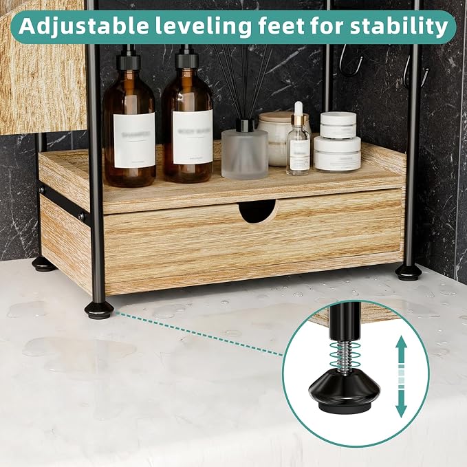 2-Tier Bathroom Counter Organizer with Drawer, Wooden Vanity Skincare Shelf - Image 4
