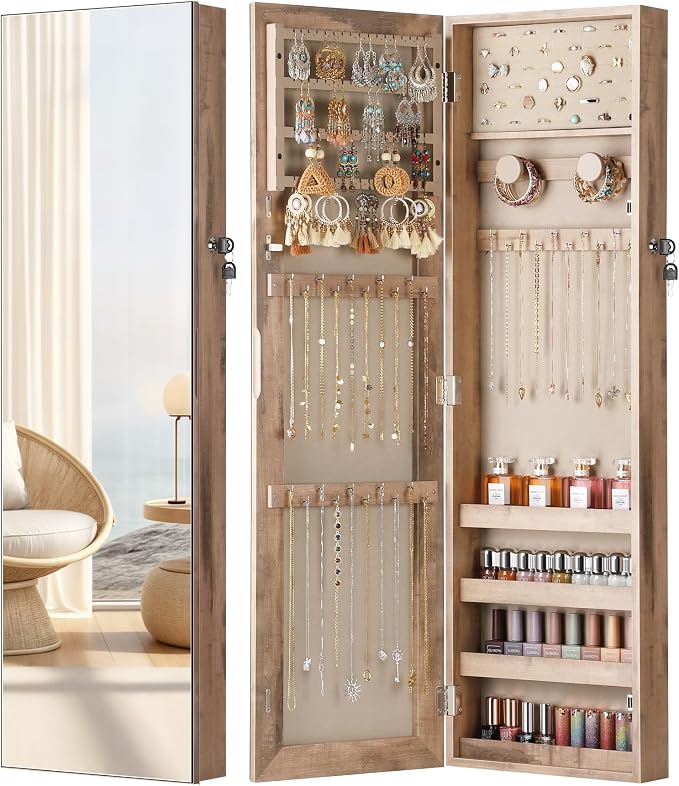 Nicetree Mirror Jewelry Cabinet, Full Length Mirror, Wall Mounted, Oak by Nicetree