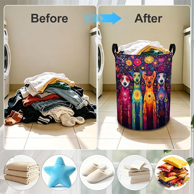 Dog Flower Laundry Basket Foldable Laundry Hamper With Handles Clothes Storage Bucket Organizer Laundry Bag For Bedroom Bathroom Laundry Storage 19.6 x 15.7 - Image 4