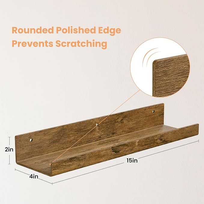 upsimples 4 Pcs 15" Acrylic Shelves for Wall Decor and Display, Rustic Wood - Image 6