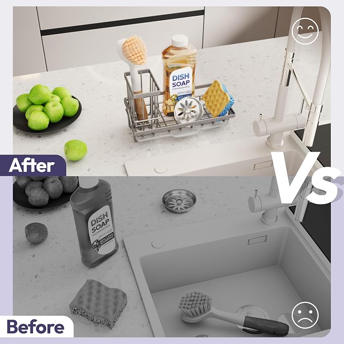 SWTYMIKI Sink Caddy Sponge Holder - Kitchen Sink Organizer with High Brush Holder for Countertop to Hold Dish Soaps and Sponges, Stainless Steel, Sand Nickel - Image 6