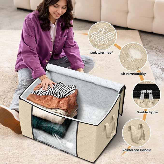 Fab totes 90L Clothes Storage, Foldable Thick Fabric Blanket Storage Bags | Foldable Containers with Zippers,Window and Handles for Organizing Bedroom, Closet, Comforter, Bedding,Dorm essentials - Image 4