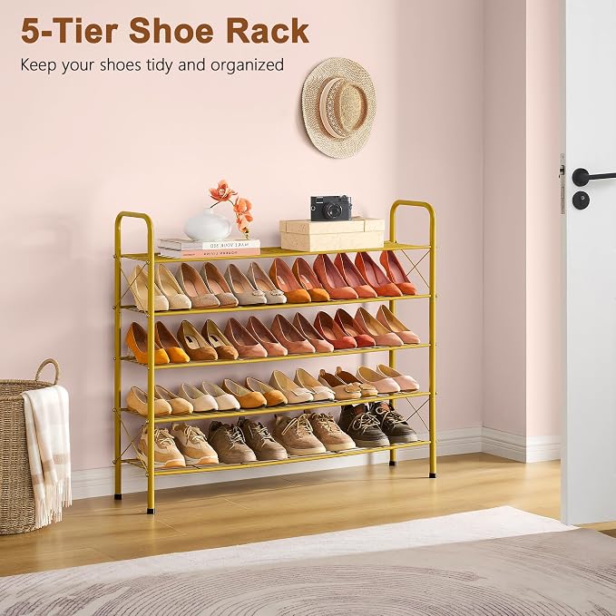 Hoctieon 5 Tier Shoe Rack for Closet, Durable Mesh Style Shoe Rack, Entryway Shoe Shelf, Shoe Storage Organizer for Hallway, Bedroom, Living Room, Wardrobe, Gold - Image 4