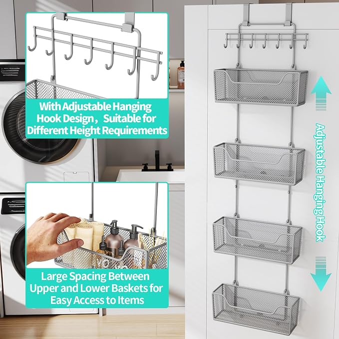HapiRm Over The Door Organizer - Hanging Door Organizer with 4 Metal Large Capacity Baskets and Adjustable Coat Hook for Bathroom Bedroom Kitchen Pantry Closet Cabinet - Image 7