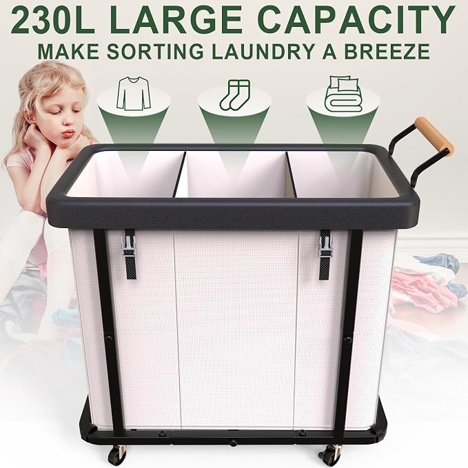 Laundry Hamper 3 Section,230L Rolling Dirty Clothes Hamper White - Image 2