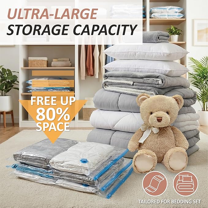 8 XXL Jumbo Vacuum Storage Bags for Bedding, Space Saver with Hand Pump | 47.2" x 35" Extra Large Vacuum Seal Bags for Bedding, Comforters, Blankets & Pillows; 80% Space-Saving Storage for Home - Image 2